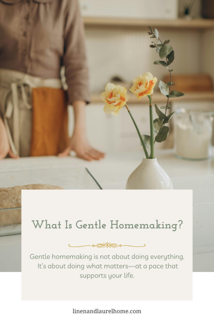 Mother tidying a peaceful home in soft afternoon light