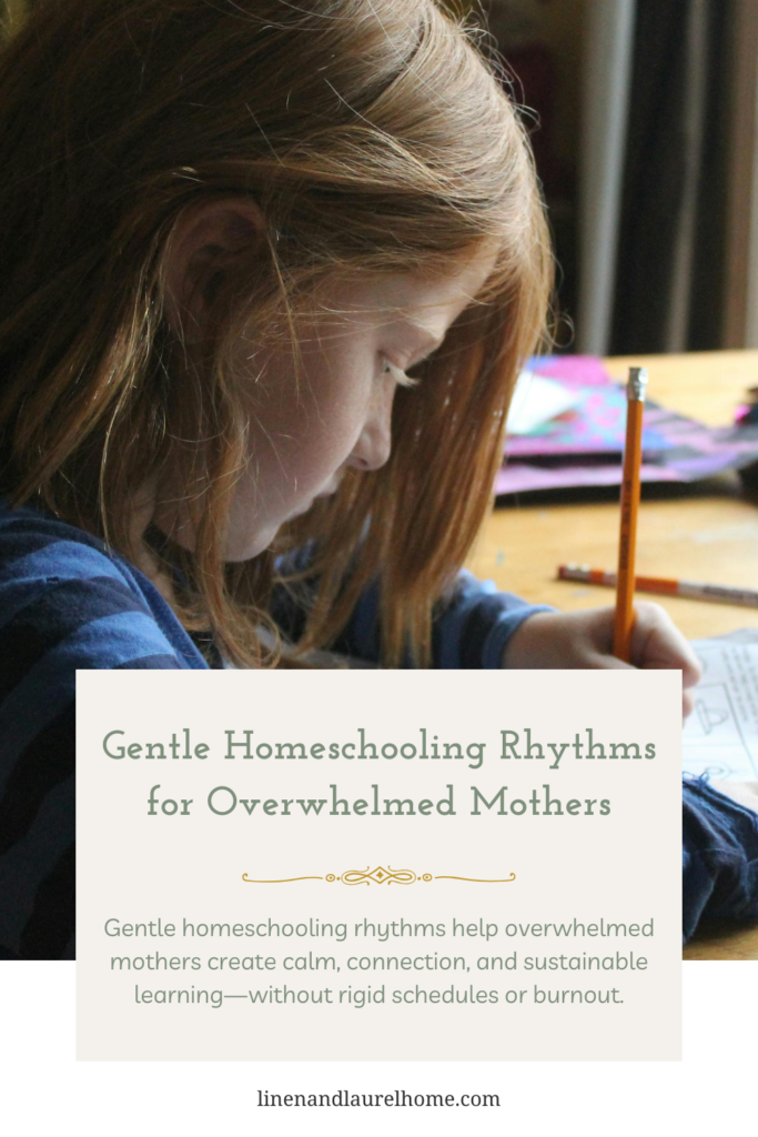 Cozy  gentle homeschooling corner with books, linen textiles, and natural light