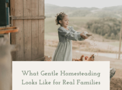 Gentle homestead kitchen with bread, herbs, and natural light