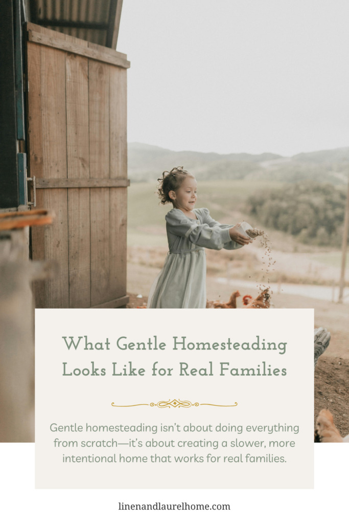 Gentle homestead kitchen with bread, herbs, and natural light